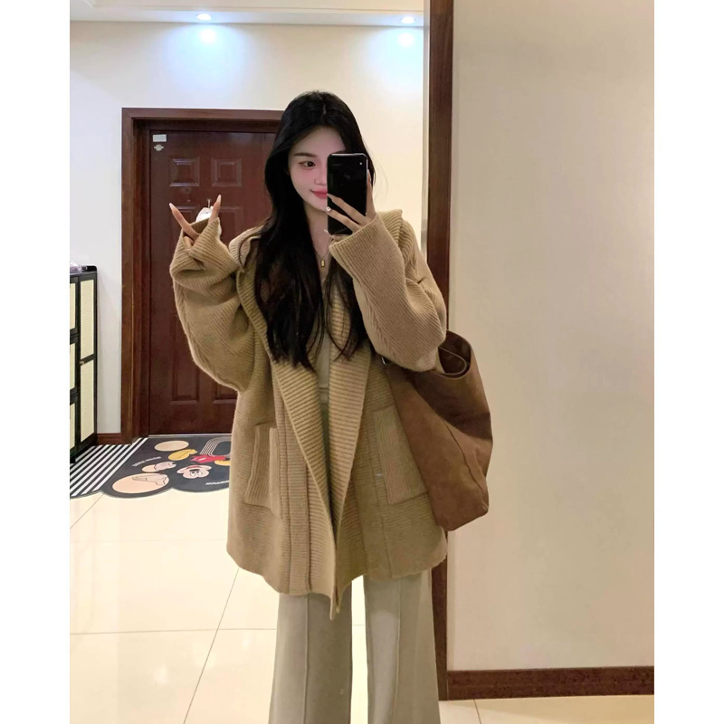 慵懒风灰色翻领连帽毛衣外套女秋冬季加厚宽松中长款针织开衫上衣|undefined