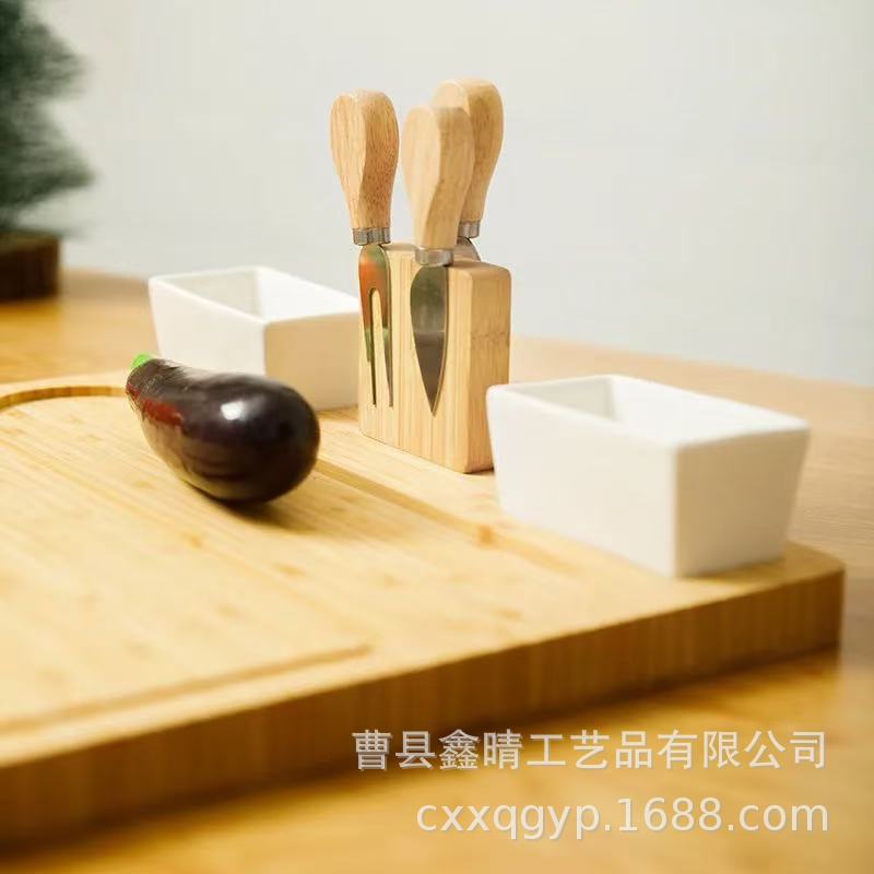 Juego de tabla de queso de bambú creativo Juego de tabla de quesos de madera maciza para el hogar con cuchillo y tenedor