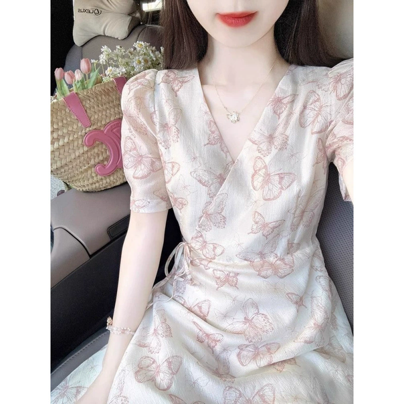 Платье с v-образным вырезом и пышными рукавами во французском стиле для женщин, летняя юбка для похудения с маленькой талией