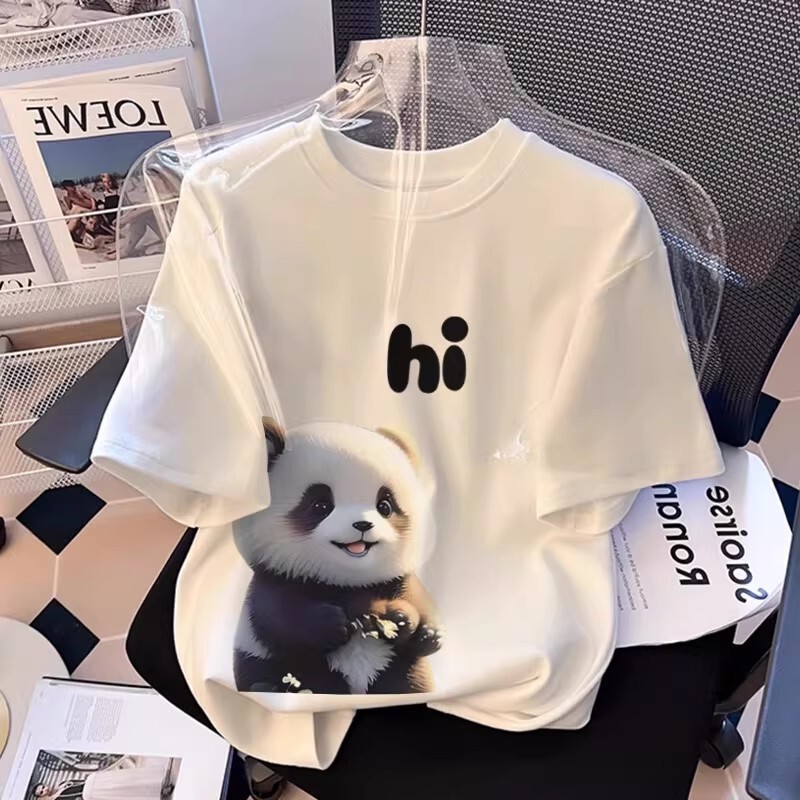 2026 Summer New Style Panda Pattern Pure Cotton Short-Sleeved T-Shirt for Women White Loose Large Size Niche Design Top
