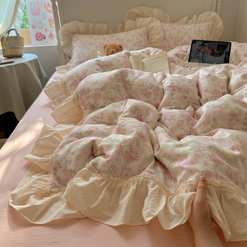 クラスA母子グレードの純綿4点セット、フランス製二重ガーゼ、小花柄、綿100レース寝具|undefined