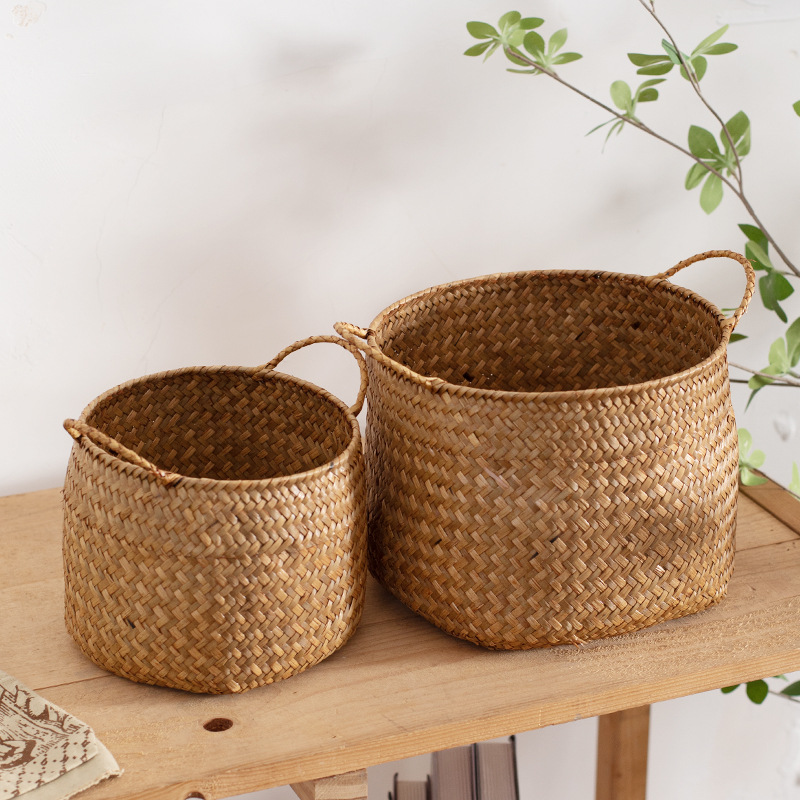 Japanese-style woven storage basket, cosmetic organizer, handmade grass basket, desktop flower pot stand, creative flower pot cover