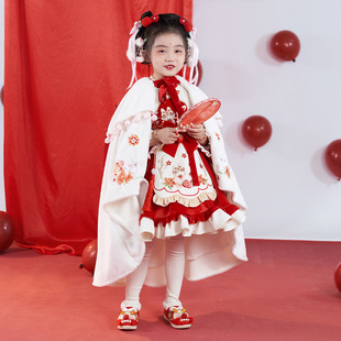 Winter Children's Hanfu Lolita Girl New Year Outfit Red Dress Cloak Girl New Year Outfit One-Piece Wholesale