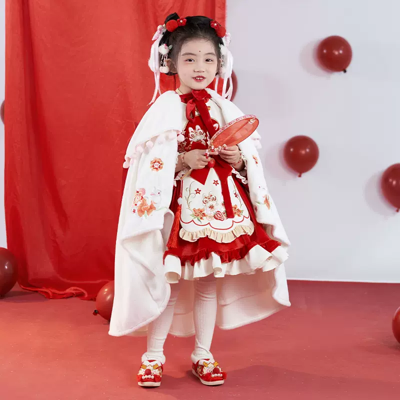 冬儿童汉服洛丽塔女童拜年服红色连衣裙斗篷女童新年年服一件代发