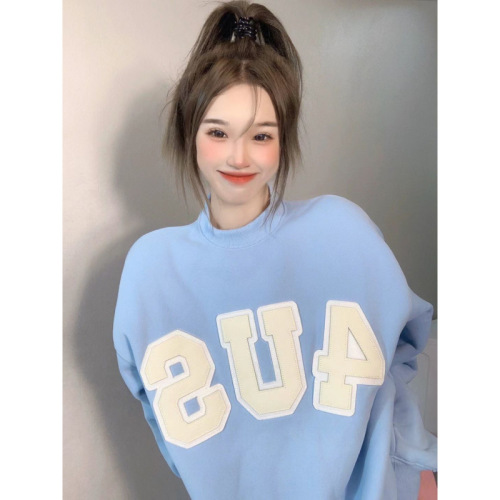 American Retro Style 4US Fleece Lined Thick Sweatshirt with Letter Print Personalized Sweet & Salty Colorway Loose Round Neck Sweatshirt for Women