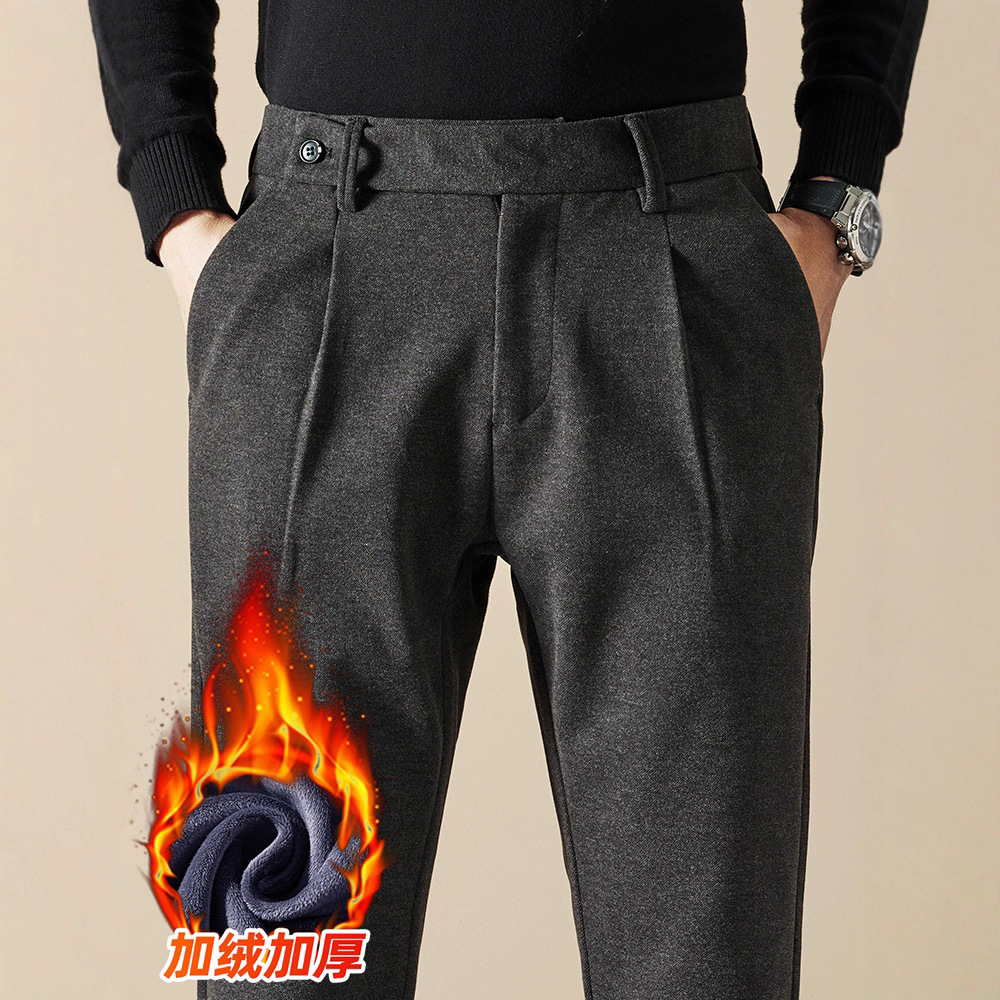 Winter Fleece-Lined Thickened Naples Casual Men's Slim-Fit Business Wool Pants for Autumn and Winter