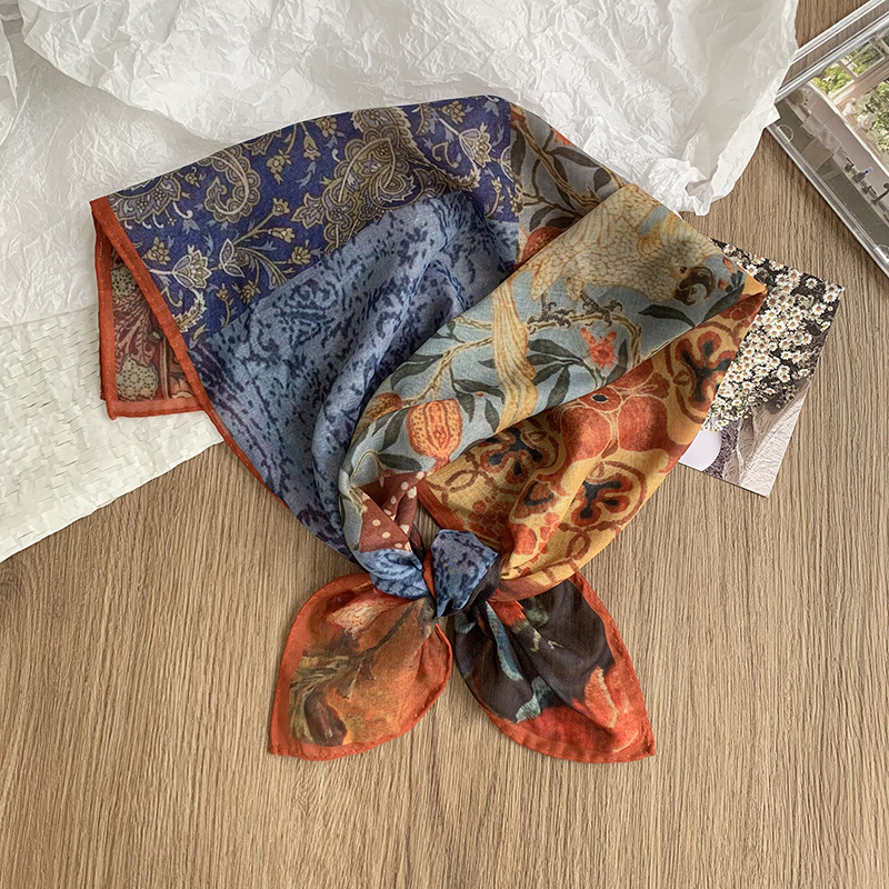 Bufanda de seda, bufanda cuadrada pequeña, pintura al óleo de Van Gogh, bufanda pequeña de seda de imitación de impresión exquisita, bufanda en la cabeza de moda, mantón exterior