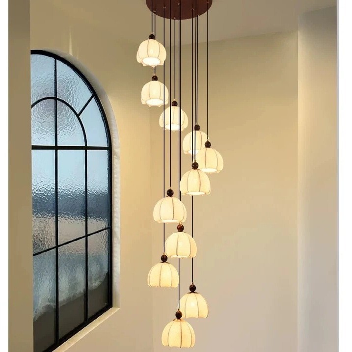 French Staircase Chandelier French Medieval Retro Walnut Color Fabric Lampshade Warm Bedroom Dining Room Lamp French Staircase Chandelier French Medieval Retro Walnut Color Fabric Lampshade Warm Bedroom Dining Room Lamp