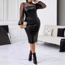 T9122跨境欧美女装亚马逊速卖通独立站蕾丝拼接连衣裙皮裙