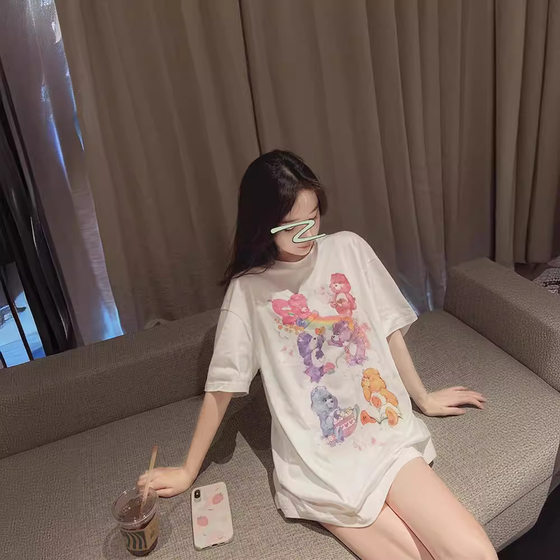 2022 new blue bear T-shirt short sleeves loose top Net red female ins ultra fire casual medium long T summer