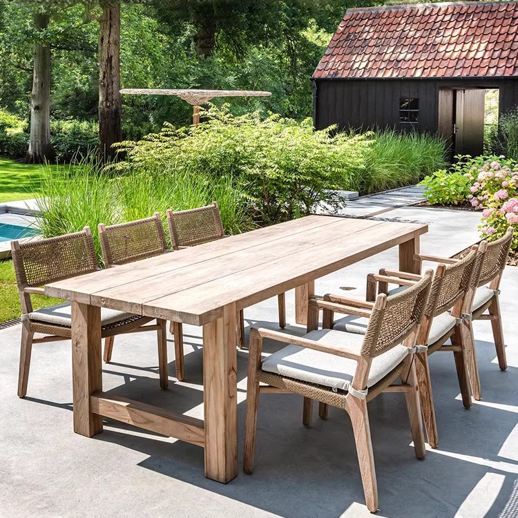Mesa y silla al aire libre patio chalet tabla de madera larga impermeable alojamiento residencial terraza al aire libre jardín ocio combinación de mesa de comedor de madera maciza