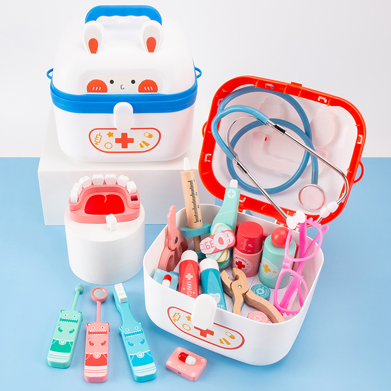 Educación temprana para niños Conejito Doctor Toy Set para niños y niñas Juego de casas Juguetes de inyección Caja de medicina de simulación de madera
