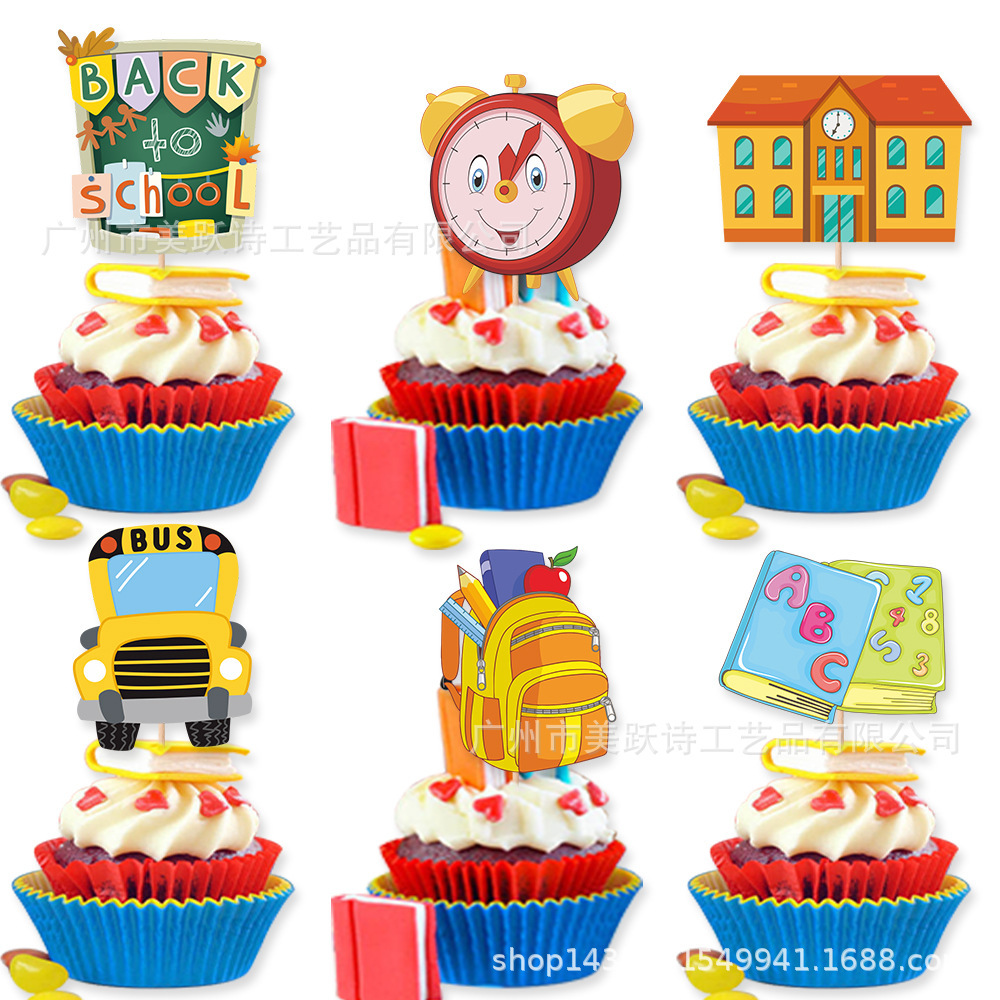 Suministros de decoración para fiestas de regreso a clases transfronterizos, pancartas de regreso a clases, adornos para pasteles, pancartas de decoración para la temporada de regreso a clases, adornos pequeños