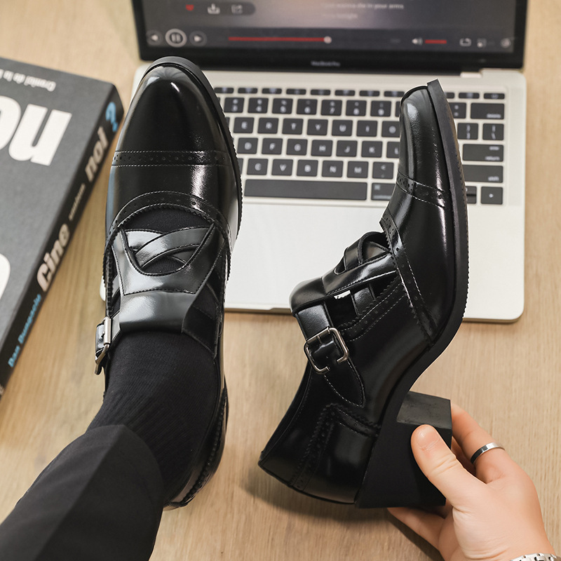 New Men's Shoes With A Casual And High-end Feel,Hollowed Out And Breathable Lightweight Block Leather Shoes,Comfortable Toe Cover,Mid Heel,All Seasons_voghion.com