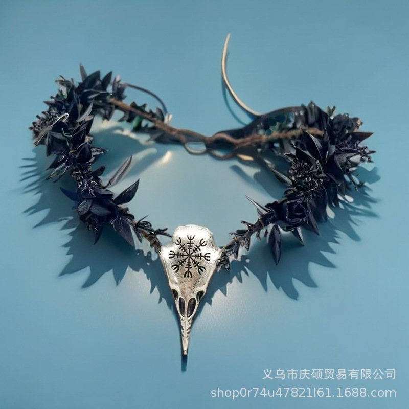 森系花皇冠头带万圣节哥特头饰复古精灵头发服装配饰眉心坠花环