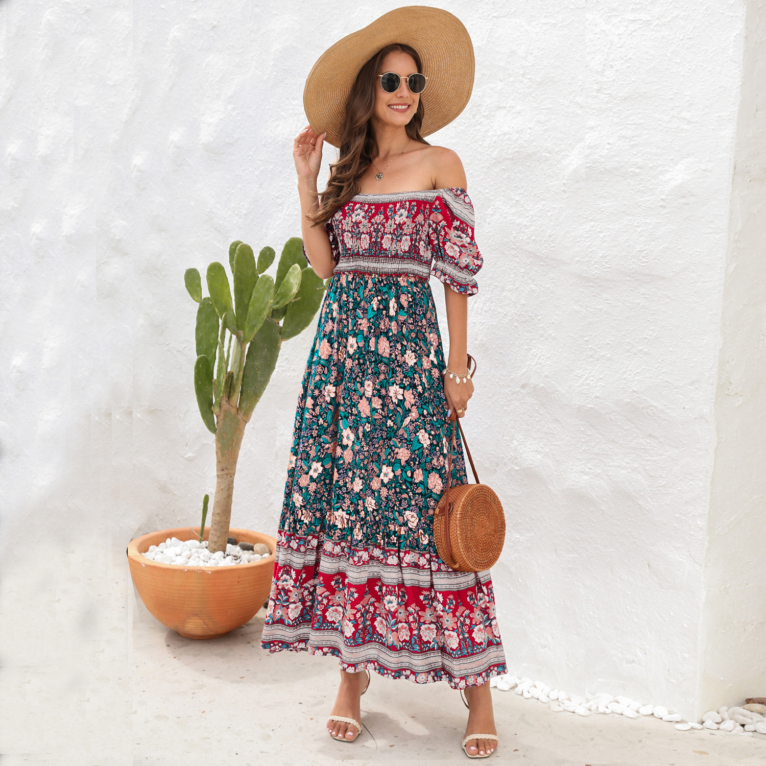 Women's Regular Dress Bohemian U Neck Printing Lettuce Trim Short Sleeve Printing Maxi Long Dress Travel Daily display picture 17