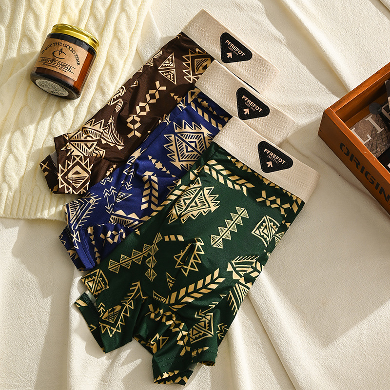 Ropa interior de seda de hielo para hombre, pantalones bóxer finos retro de verano, cintura media, estilo étnico, pantalones bóxer para niños, pantalones estampados