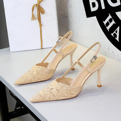 8718-A9 French style socialite with slim heels and high heels, women's sexy and high-end feel, lace mesh, pointed straight buckle