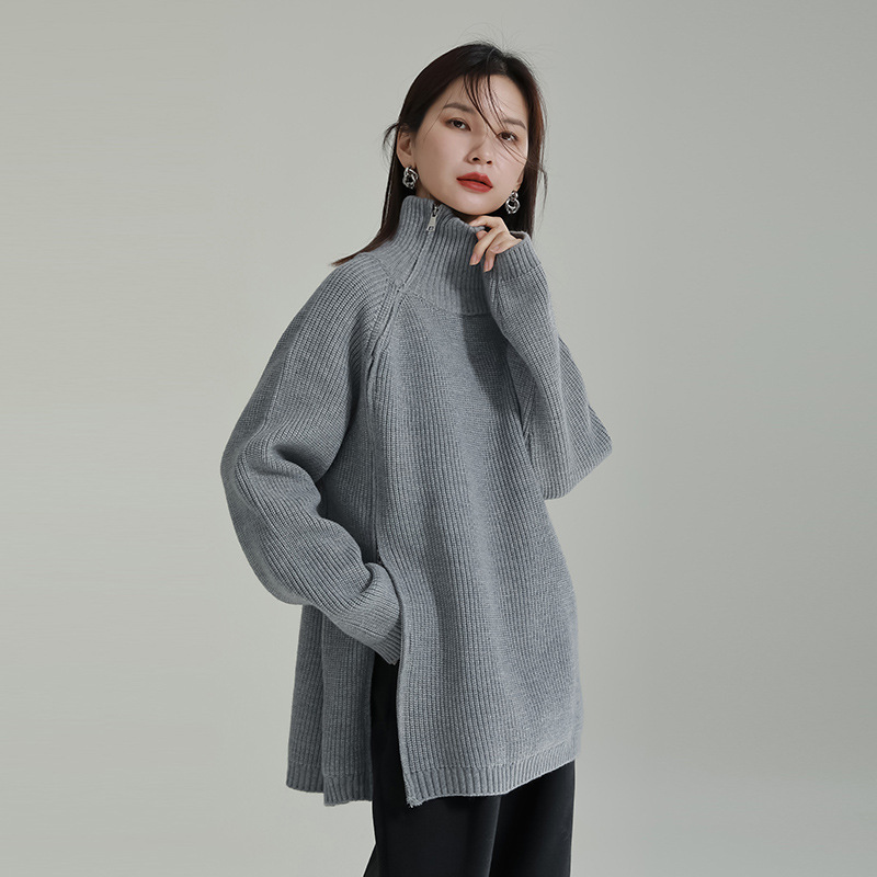 中創日臻2025冬物ゆったり着痩せ効果ジップスリット入りセーター厚手ゆったり風縦縞柄ニット