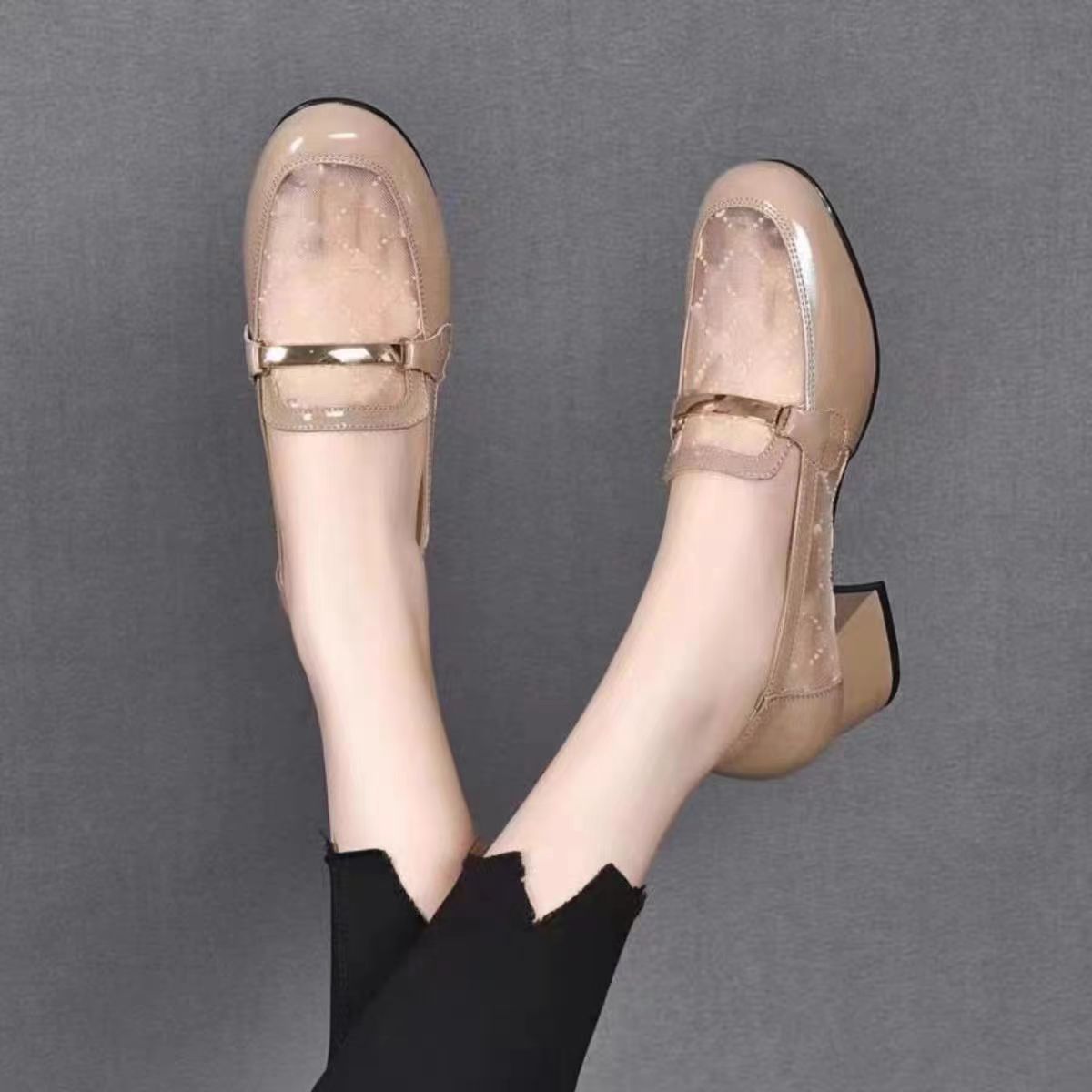 Sandal nữ da thật mũi tròn lưới thoáng khí gót thấp 5 cm — Màu đen cao gót 5 cm chi tiết 2