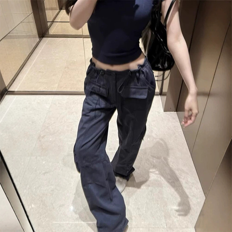 【American Style Hot Girl】Dark Blue Casual Sexy Cargo Pants with Pockets, Waist-Cinching Straight-Leg Sports Pants