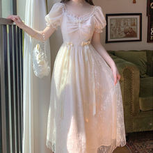 泡泡袖蝴蝶结公主裙夏季法式仙森系蕾丝珍珠仙女裙中长款连衣裙