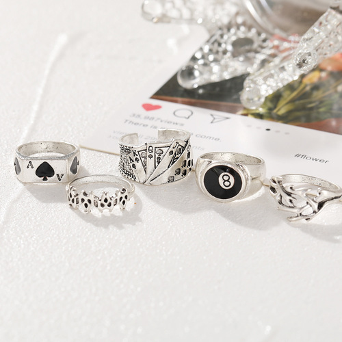 Dark retro creative Ace of Spades card ring five-piece set, female personalized hand accessories, national show AliExpress best-selling