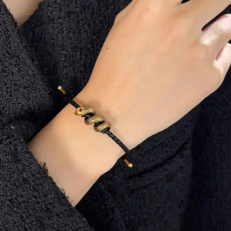 Vintage Black Gold Snake Bracelet with Red String, Luxurious and High-End Feel, Zodiac Year Snake Charm, Women's Jewelry Accessory for Summer Vintage Black Gold Snake Bracelet with Red String, Luxurious and High-End Feel, Zodiac Year Snake Charm, Women's Jewelry Accessory for Summer