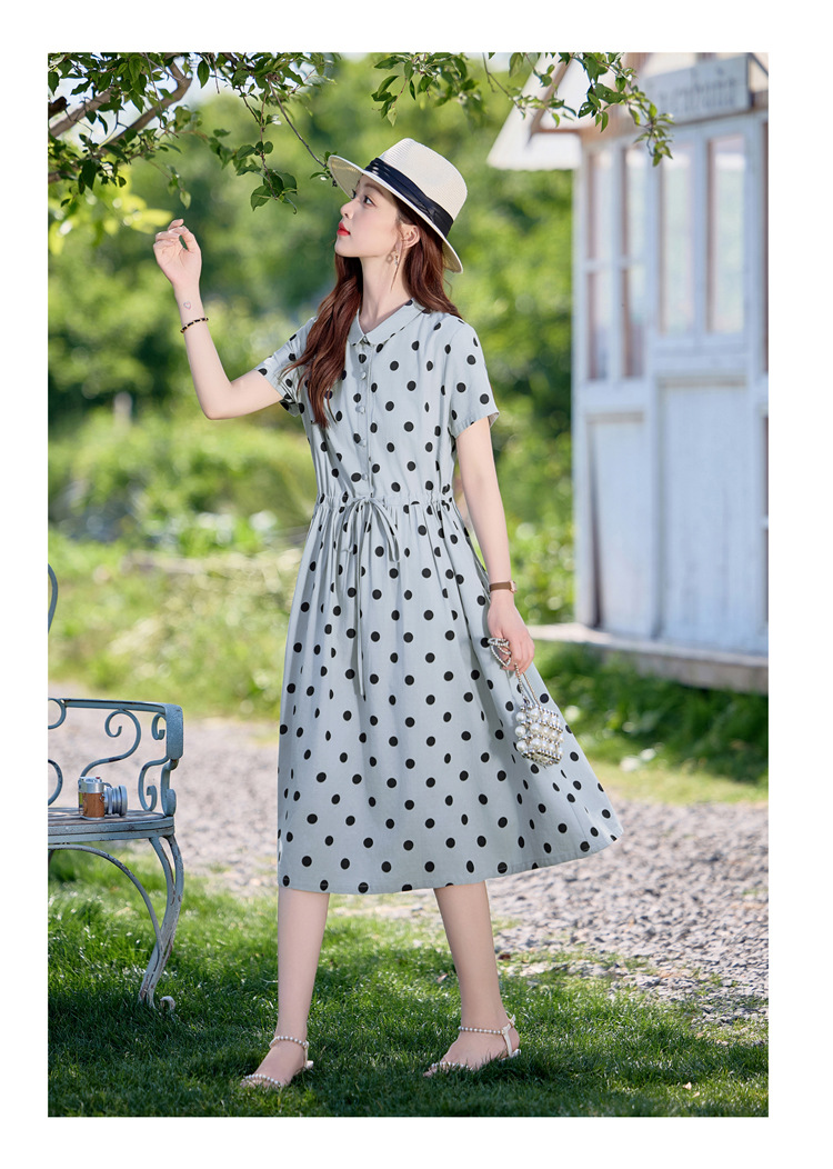 Đầm maxi nữ chấm bi in họa tiết eo thon dáng midi thời trang NI502 — màu be, màu xanh chi tiết 17