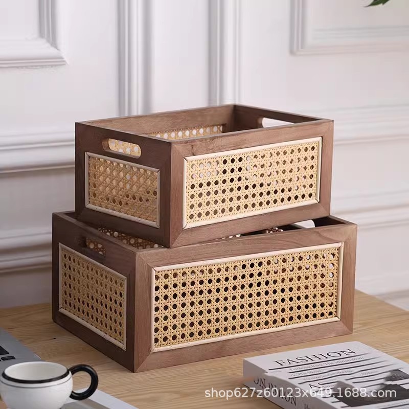 Cesta de almacenamiento de ratán de madera maciza japonesa personalizada mesa caja de almacenamiento de madera maciza sala de estar misceláneas libros y bocadillos organización y almacenamiento