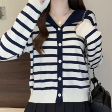 新款秋冬季海军领条纹开衫外套针织上衣拼色新纽扣撞色针织百搭潮