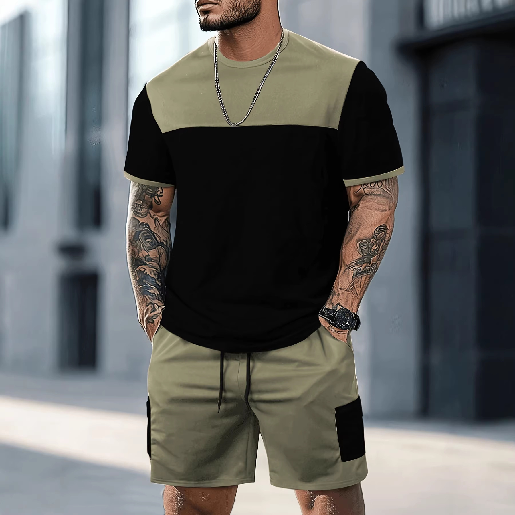 Men's Color Block Sports Suit American Style Casual Set Summer Short Sleeve Shorts For Men_viptrois.com