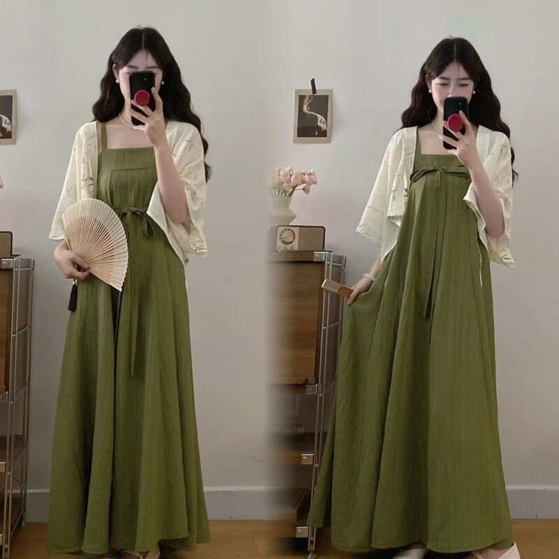 Plus-Size New Chinese-Style Ultra-Fairy Improved Hanfu Over-The-Knee Slimming Dress with National Style Cardigan Two-Piece Set Plus-Size New Chinese-Style Ultra-Fairy Improved Hanfu Over-The-Knee Slimming Dress with National Style Cardigan Two-Piece Set