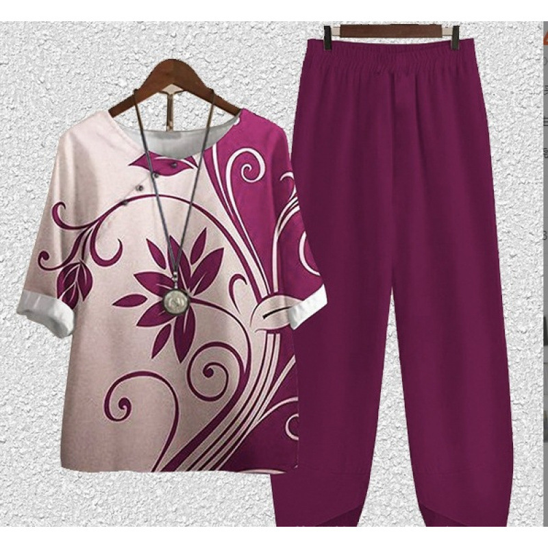 Europa y Estados Unidos trajes casuales de mujer transfronterizos de moda explosiva verano nuevo cinco mangas impresión chaqueta pantalones dos piezas