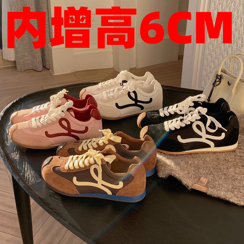 Cute Little Tilted-Head Figure~ Spring Retro Lace-Up Casual Sports Shoes with 6cm Hidden Height Increase, Women's White Sneakers, German Training Shoes, Forrest Gump Shoes Cute Little Tilted-Head Figure~ Spring Retro Lace-Up Casual Sports Shoes with 6cm Hidden Height Increase, Women's White Sneakers, German Training Shoes, Forrest Gump Shoes