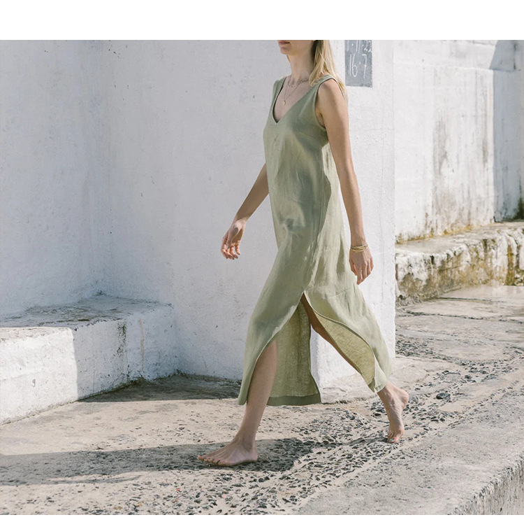 Summer Casual Front Back V Neck Dress Linen Sleeveless High Waist Split Knee Length Backless Cotton Linen Vest Dress
