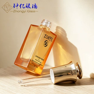 现货四方厚底玻璃瓶50ml花瓣按压滴泵精油分装瓶精华液化妆品空瓶
