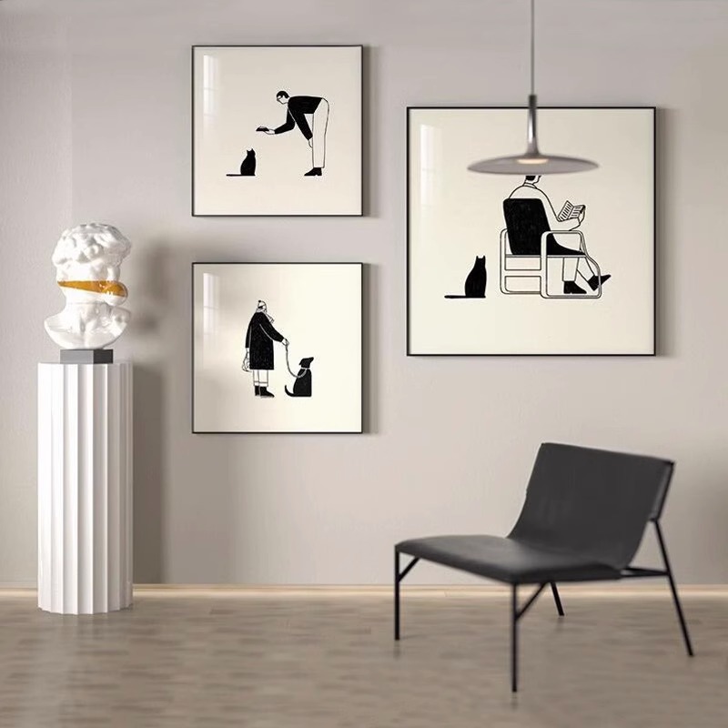 挂画主人黑白和装饰画简约现代猫咪艺术大福玄关客厅入户小壁画众