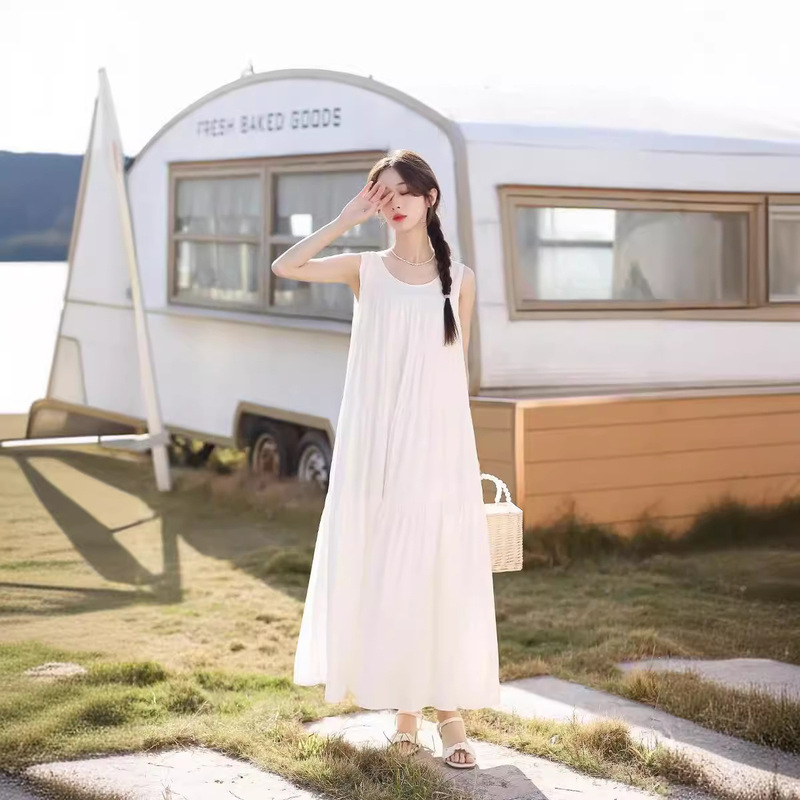 Dali Special recommend Style Plant Tie-Dye Style White Temperament Pure Color Comfortable Long Vest dress