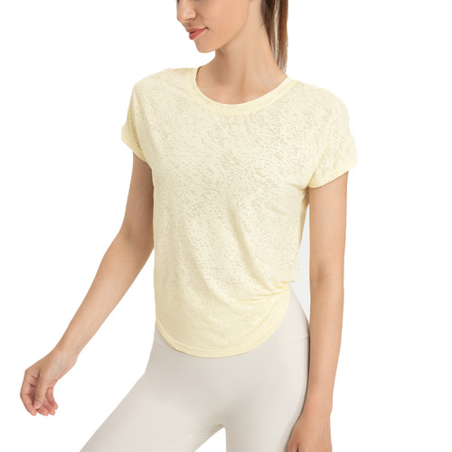2024 new yoga wear women's short-sleeved T-shirt breathable jacquard slit strap yoga top casual sports cover-up