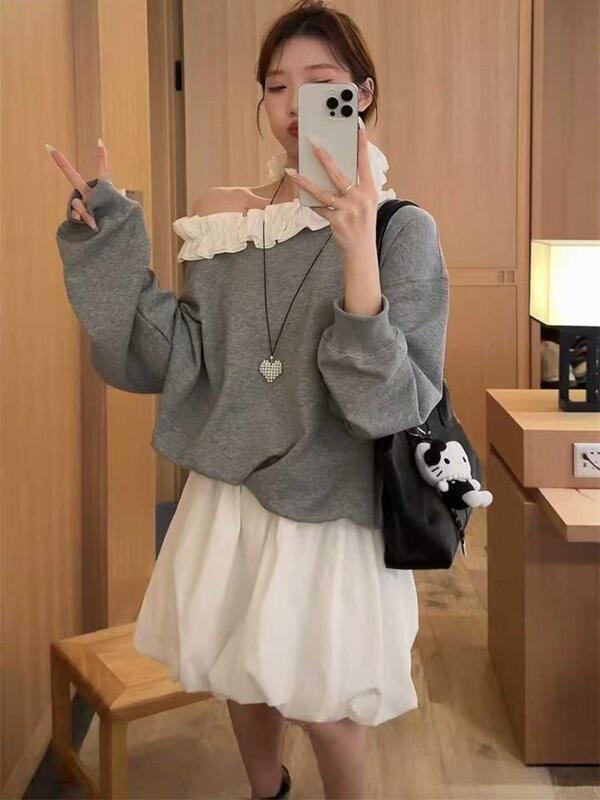 拼接木耳边长袖斜肩套头卫衣女2025早秋新款洋气宽松时尚百搭上衣|undefined