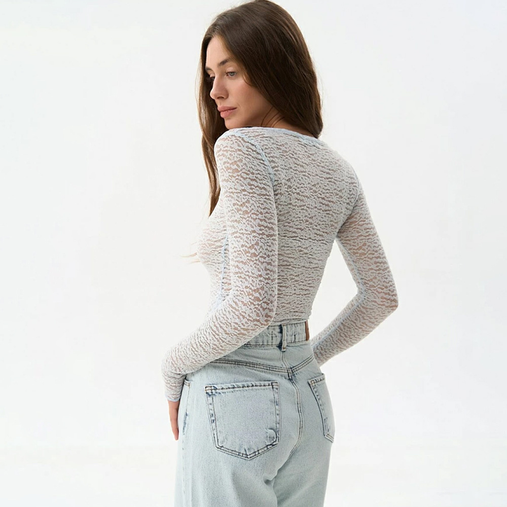 2024 otoño y invierno de Europa y Estados Unidos nueva moda de cuello redondo perspectiva sexy camisa de legging de manga larga delgada camisa superior image 5