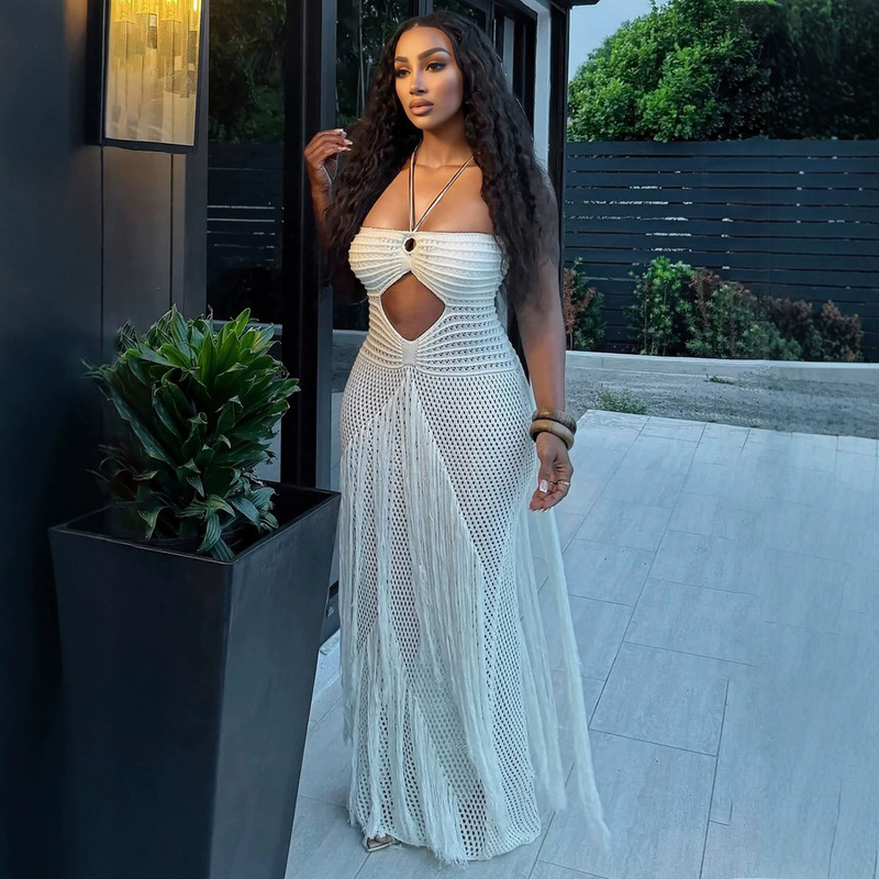 Cross-border best-selling halter neck strap crochet long dress, sexy hollow-out tassel holiday party dress