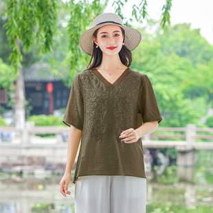 High-end Women's Summer Gastrodia V-neck Short-sleeved Top Women's Embroidery Loose Large Size Small Shirt Fashion