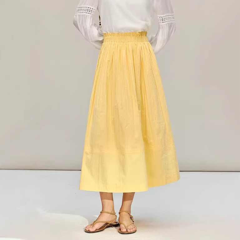 2026 Early Spring Mid-Length High-Waisted Pleated Flared Skirt with Ruffled Edges in Goose Yellow for Women