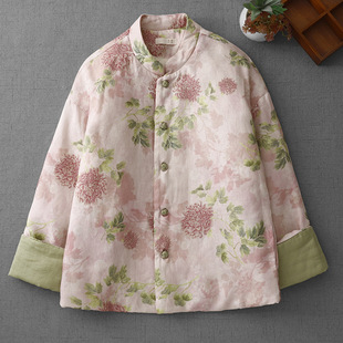 National style Chinese linen printed clip cotton coat stand collar placket warm cotton-padded coat artistic retro small cotton-padded jacket