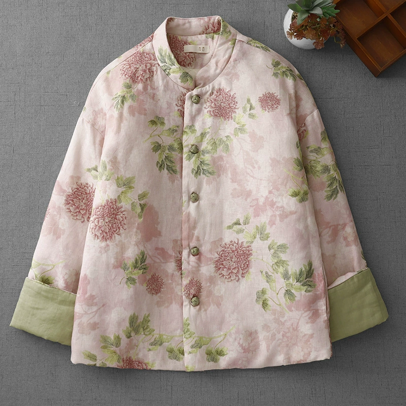 Национальный стиль льняного принта в китайском стиле хлопчатобумажная куртка стоячий воротник с кардигом теплая хлопчатобумажная куртка