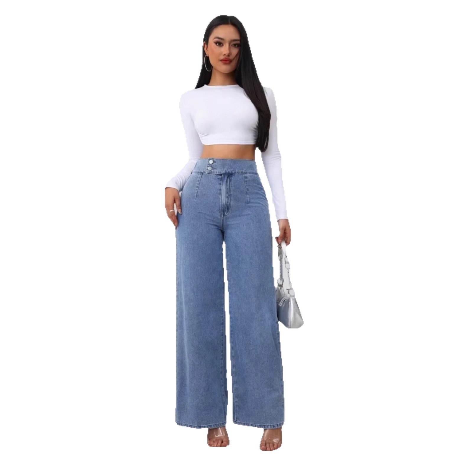 High-Waisted Straight Leg Jeans For Women – Classic Blue Denim Pants With Double Button Detail (Dark Blue/Light Blue, S-XXL)_voghion.com