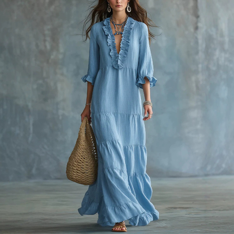 European and American cross-border Amazon TK women's bohemian V-neck layered casual flowy long ruffle dress European and American cross-border Amazon TK women's bohemian V-neck layered casual flowy long ruffle dress