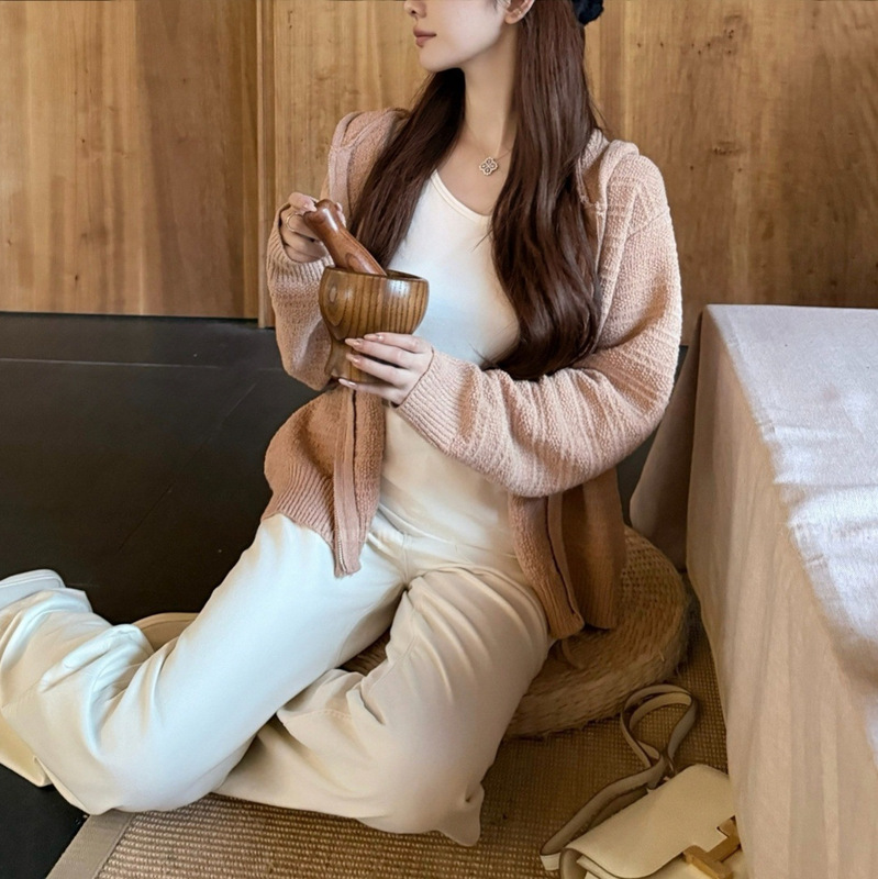 [Factory Direct Supply] H Yujia [Cinnamon Powder] Pink Circle Yarn Lazy Sweater Cardigan for Women in Autumn and Winter Loose